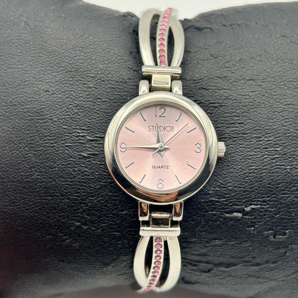 Studio Silver Tone Pink Crystals Women’s Watch Working New Battery